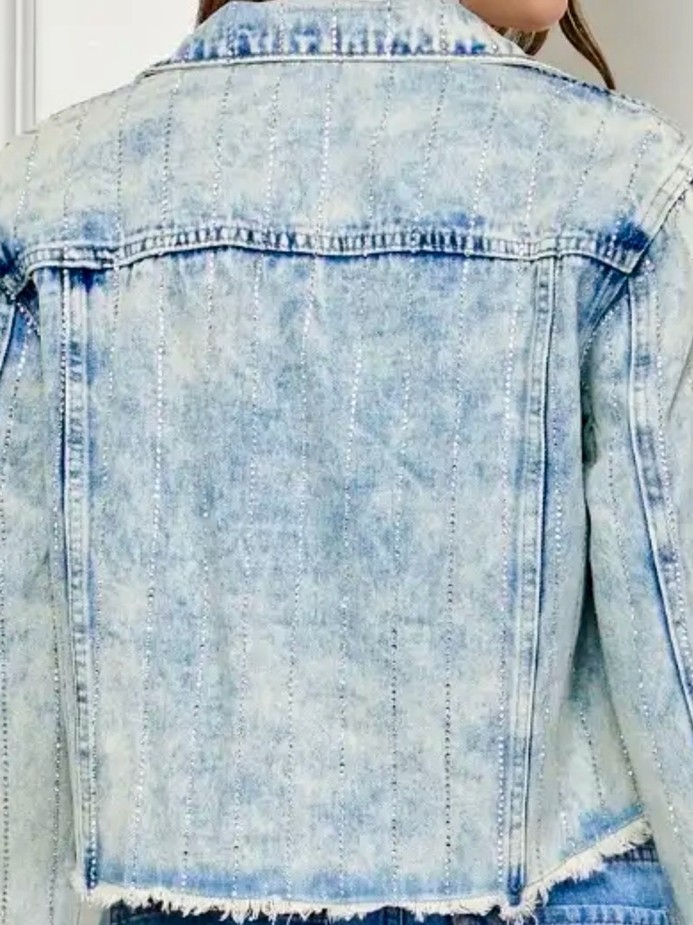 Striped Rhinestone Distressed Denim Jacket - Picture 6 of 12